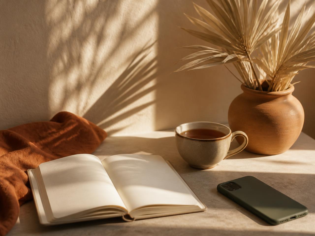 A quiet sunlit table with an open notebook, tea and a phone placed face down